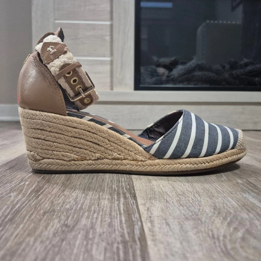 Women's Sperry Espadrille Wedge Sandals Blue/White‎ Striped Sz 8